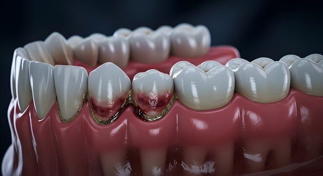Close-up of unhealthy teeth and gums showing gingivitis and plaque buildup
