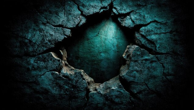 A shadowed stone wall with a cracked hole revealing a teal-hued core and dark backdrop