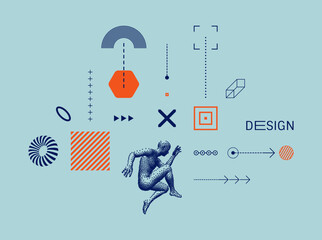 Art composition. Geometric shapes. 3d model of man. Dance party invitation. Dancer. Illustration composed of particles. Vector for brochure, poster, presentation, flyer or banner.