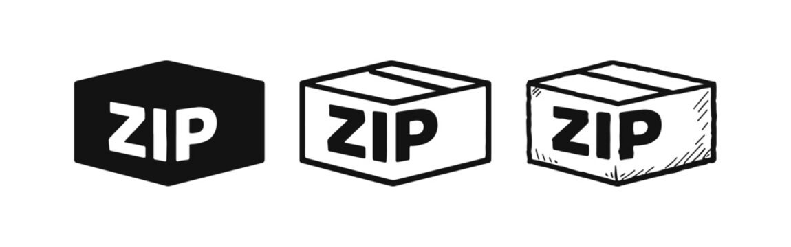 ZIP Code Package Delivery Icon Set, Compressed File Box Symbols, Fast Shipping Postal Icons