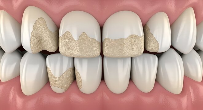Close-up of unhealthy human teeth with plaque and tartar build-up