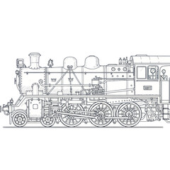 Detailed Line Drawing of a Classic Steam Locomotive Train Engine. © LafifahFitriyani