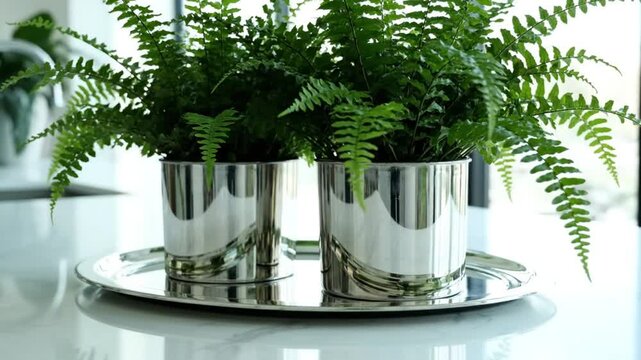 Two lush Boston ferns in reflective silver pots on a matching tray sit indoors on a white surface