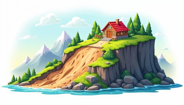Cartoon cabin sits atop a eroding cliff face. The slope has slid down, creating a steep dirt hill. Mountains and water surround this isolated house.