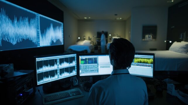 Technician reviewing polysomnography summaries on multiple screens in a dimly lit sleep lab with adjacent bedrooms out of focus in the background.