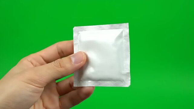 Hand holds a blank silver foil sachet packet, isolated against a bright green screen background, perfect for chroma key editing, product showcase, marketing, and packaging design projects
