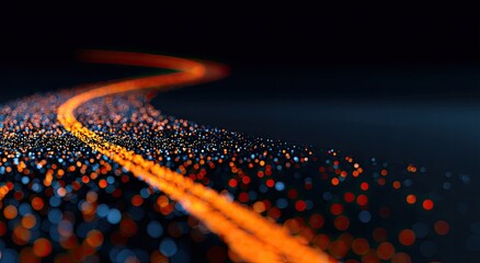 Abstract flowing path of light with glowing particles against a dark background