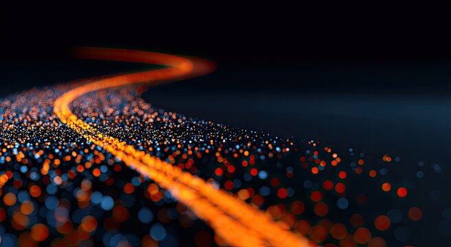 Abstract flowing path of light with glowing particles against a dark background