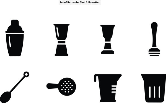 Professional bartender tool silhouette vector pack with cocktail shaker jigger muddler bar spoon strainer and measuring cup isolated on white