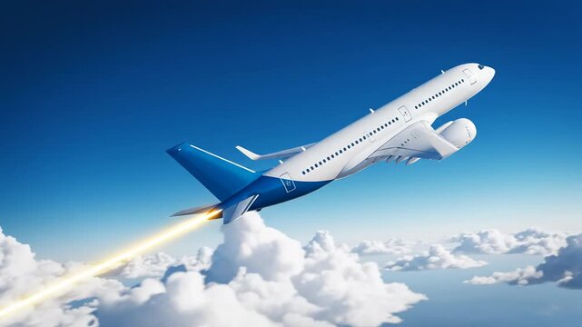 Airplane ascent through blue sky and clouds with jet stream leaving a trail of light in cinematic rendering