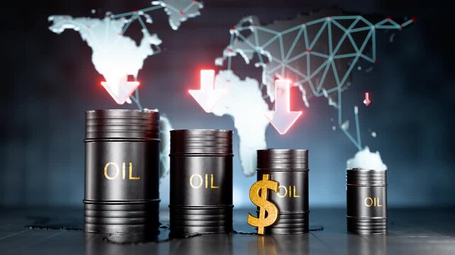 Animation for oil and fuel trading news and the decline in fossil fuel prices. Oil prices are falling. Arrows point to the decline in oil prices.
