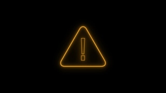 Glowing orange neon warning sign with exclamation mark inside a triangle isolated on black background for digital