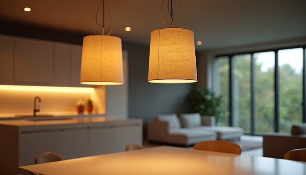 Modern open plan kitchen and living area. Two pendant lamps emit warm ambient light over dining table. Kitchen cabinets and counter glow with soft yellow undercabinet lighting.