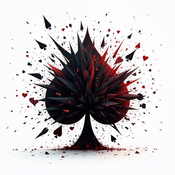 Exploding ace of spades with scattered playing card suits. Black and red abstract spikes burst outwards on white backdrop. Represents gambling, luck, and winning.