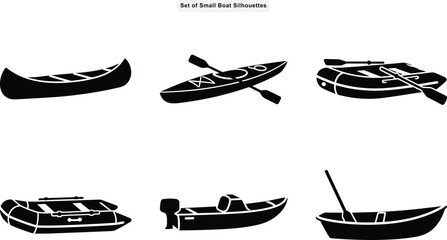 Small boat and watercraft silhouette vector collection with canoe kayak inflatable raft motorboat and rowboat icons on white background © SADDAM