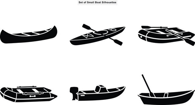 Small boat and watercraft silhouette vector collection with canoe kayak inflatable raft motorboat and rowboat icons on white background