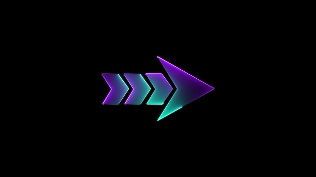 Neon glowing arrow sign pointing right with dynamic purple and cyan gradient light effects on black background digital