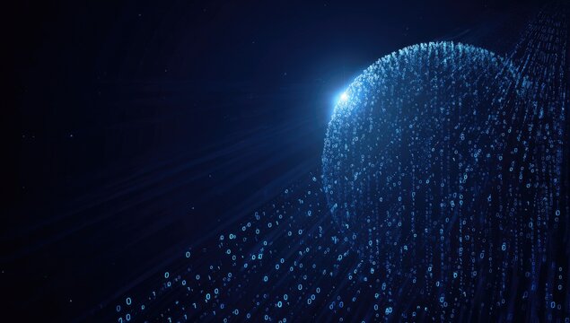 Digital sphere with light rays, abstract futuristic design, illuminated in a dark cosmos