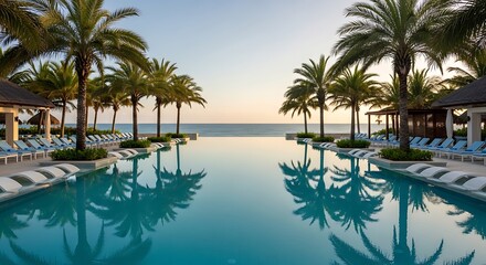 Fototapeta premium Luxury tropical resort pool with palm trees and ocean view at sunset