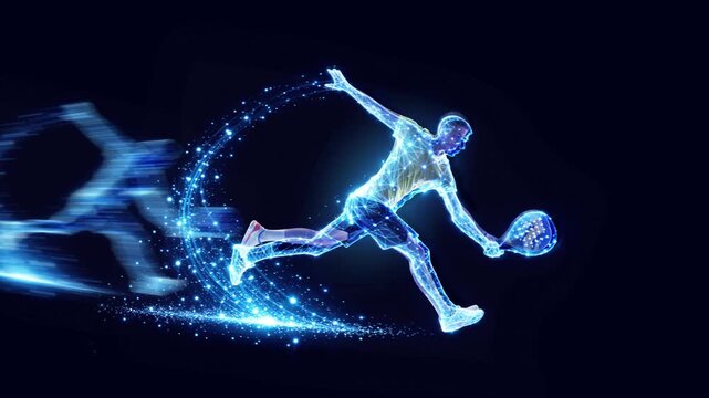 Tennis player hitting ball captured in animation sequence with glowing digital trail on dark background. Concept of precision control, accuracy skill, and professional performance.