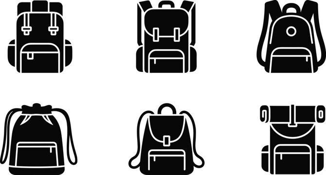 Backpack and rucksack silhouette vector set featuring hiking daypack school bag drawstring and travel knapsack designs isolated on white background