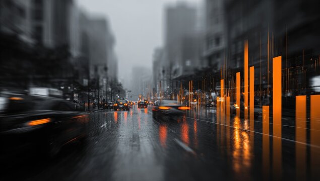 Rainy city street scene with blurred cars and orange bar graphs overlayed
