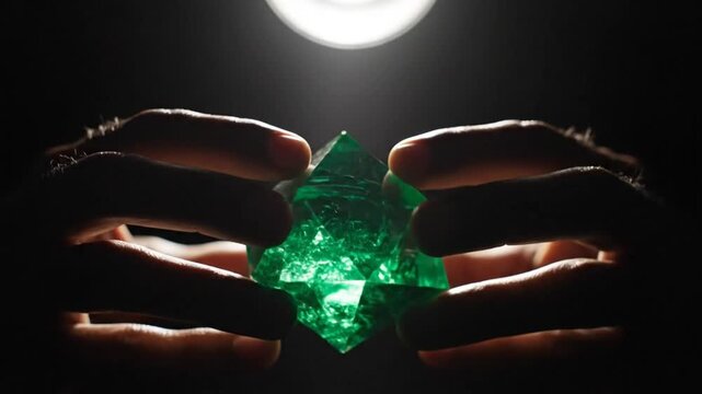 Intimate view of hands carefully holding and admiring a brilliant green emerald gemstone under focused light