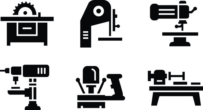 Black silhouette vector pack of stationary woodworking machines including table saw, band saw, lathe, drill press and milling machine, icons on white background