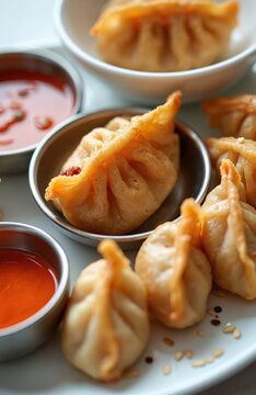 Golden fried momos rest on a plate beside bowls of dipping sauce. These dumplings offer a savory snack perfect for casual dining or takeaway. Ideal for quick meals and appetizer menus.