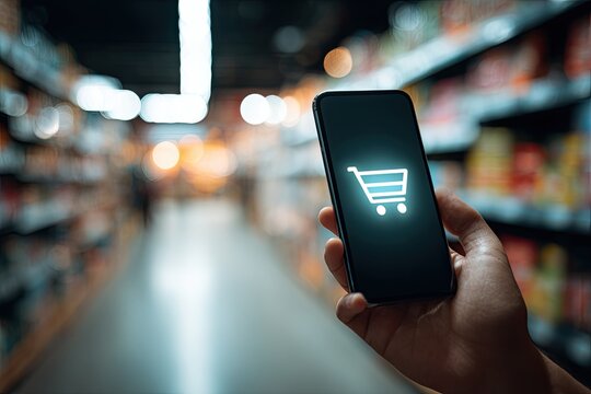 Hand holding phone with shopping cart symbol in supermarket aisle. Blurred background