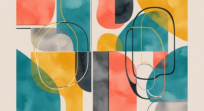 Modern abstract art with vibrant watercolor shapes and intersecting lines