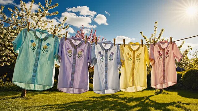 Colorful shirts hanging on clothesline outdoors.