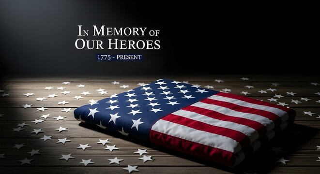 Folded american flag on a rustic wooden table with scattered star confetti, in memory of our heroes 1775 present tribute