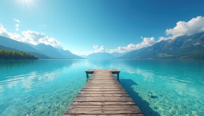 Fototapeta premium Wooden pier extends into clear turquoise lake water. Mountains rise in distance under bright blue summer sky. Sunlight sparkles on calm water.