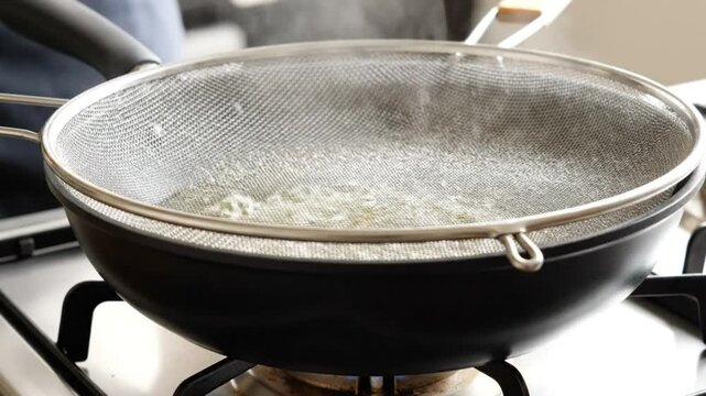 Boiling water being poured into a wok with a strainer to remove excess oil from the food