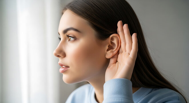 Young woman adjusting invisible hearing aid for hearing loss awareness