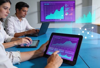 Obraz premium Diverse business professional colleagues analyzing financial data charts on digital tablets and laptop at a blue office table for corporate analytics presentation