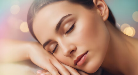 Obraz premium Young woman resting peacefully with soft bokeh lighting in spa relaxation