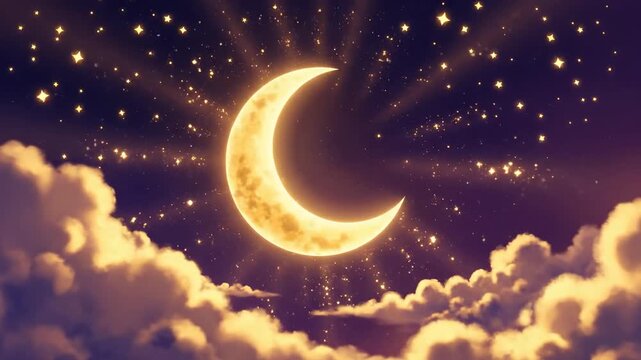 Animated crescent moon shines among fluffy clouds and twinkling stars in the night sky