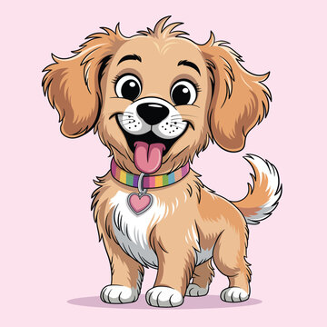 Cute Happy Puppy Cartoon with Collar &ndash; Adorable Dog Mascot Vector Illustration