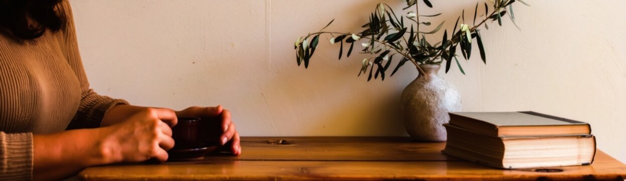 Woman Holding a Cup of Coffee on a Wooden Table with Books and Olive Branches, Cozy Morning Ritual in a Sunlit Room with Copy Space for Home Decor Branding