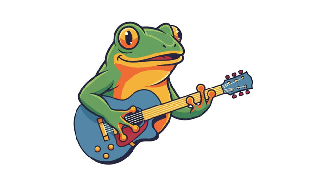 Cartoon frog playing guitar isolated on white background