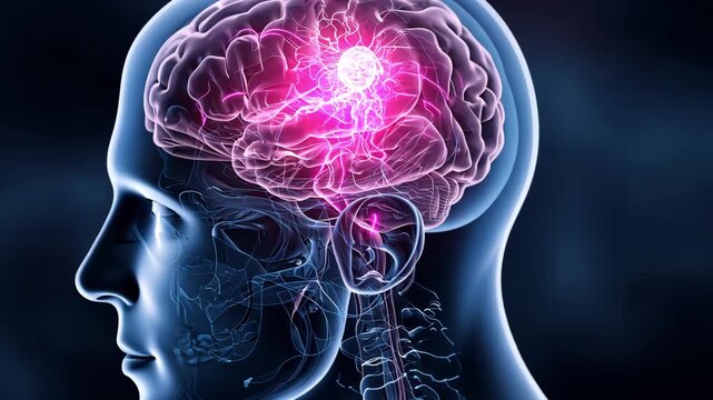 Illustration of a brain with highlighted tumor and neural pathways