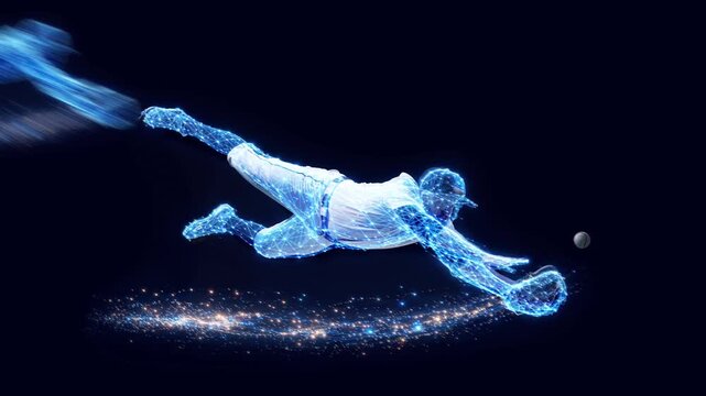 Baseball player diving for catch shown in stop motion sequence with glowing digital trail on dark background. Concept of reaction timing, motion breakdown, and performance analysis.