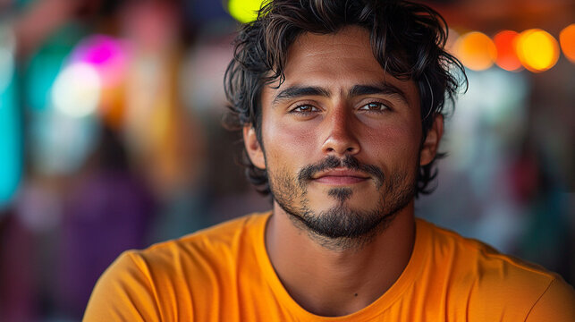 Man in orange shirt at vibrant market, looking at camera