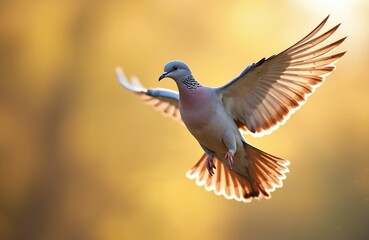 Fototapeta premium A dove bird flies with spread wings against a warm golden blurred background. Its feathers catch the light creating a serene and peaceful motion.