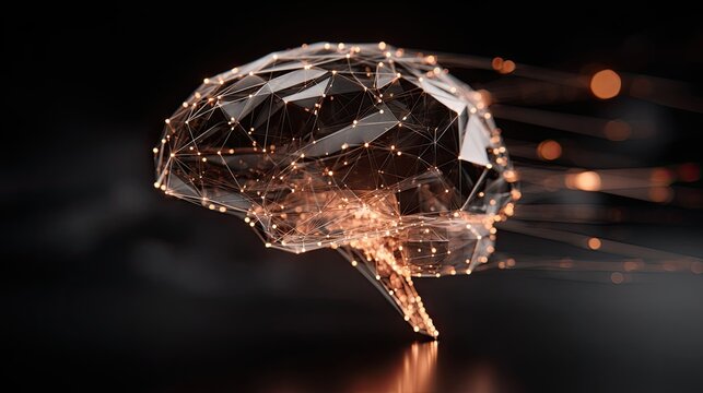 Illuminated geometric representation of human thought processes moves forward into darkness