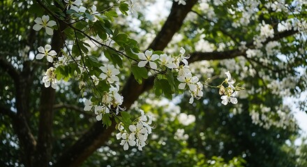 Fototapeta premium White flowers bloom on tree branches in sunlight.