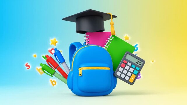 Animated school supplies with backpack graduation cap and calculator on gradient background for education related content