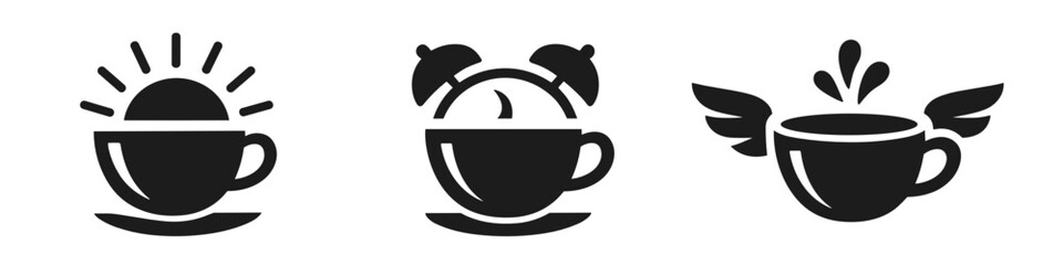 Fototapeta premium A compact trio of coffee icons featuring sunrise mug, alarm cup and winged splash cup, expressing wake up energy, daily routine, fast start, and uplifting caffeine mood.